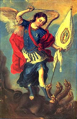El Arcángel San Miguel derrotando al demonio con estandarte de Guadalupe