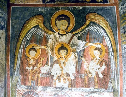 Arcángel Miguel protegiendo a Ananías, Misael y Azarías en el fuego