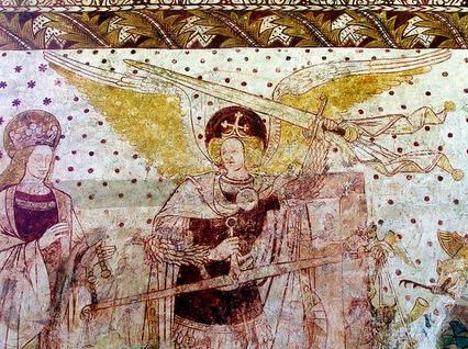 Virgen María y San Miguel Arcángel como el pesador de las almas