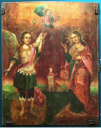 Arcángel Miguel con la espada de fuego y Santa Bárbara