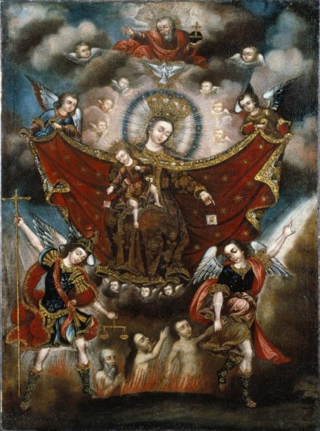 La Virgen del Carmen y San Miguel Arcángel salvando almas en el purgatorio