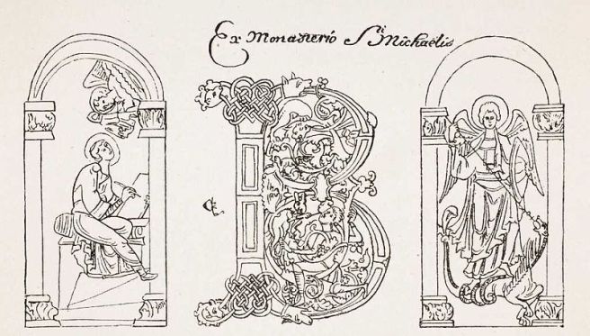 San Miguel aniquilando al dragón y San Agustín escibiendo bajo el dictado de un ángel