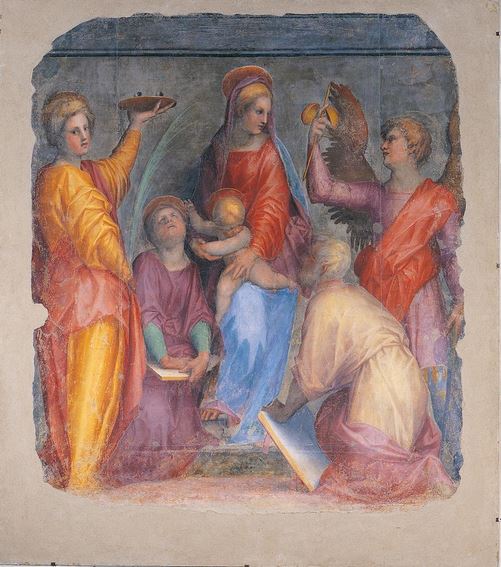 San Miguel Arcángel conversando con la virgen María