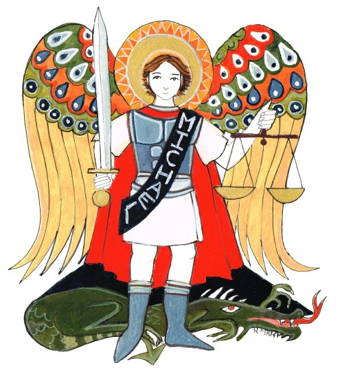 San Miguel Arcángel con su espada y balanza enciendo al dragón