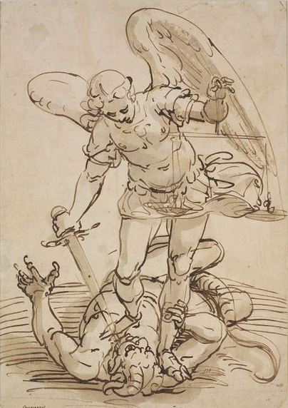 Arcángel Miguel con su espada y balanza luchando contra satanás