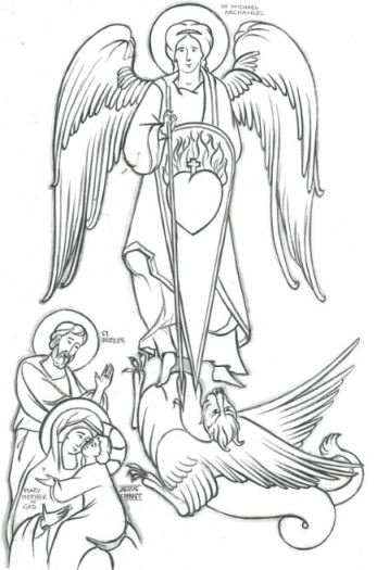 La Sagrada Familia con San Miguel Arcángel luchando contra la bestia