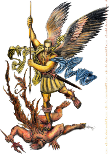 Arcángel Miguel en lucha contra el demonio